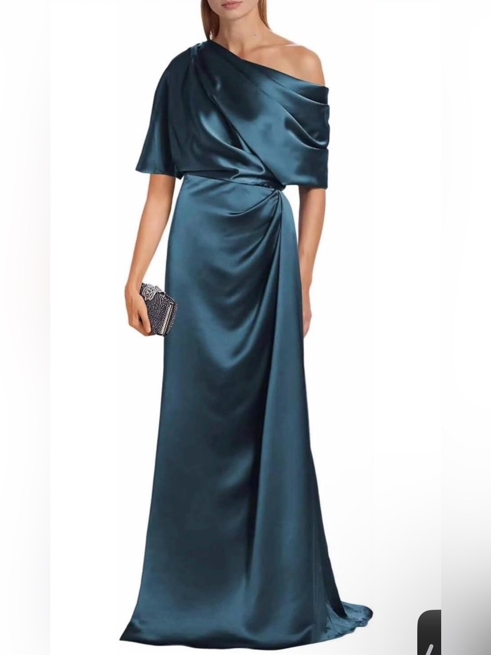Off-Shoulder Satin Evening Gown in Teal
